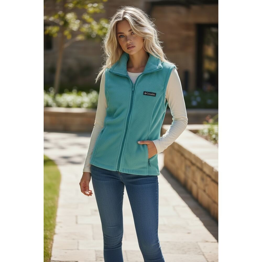 Columbia Fleece Vest Women XS Teal Full Zip Jacket Outdoor Hiking Layer
